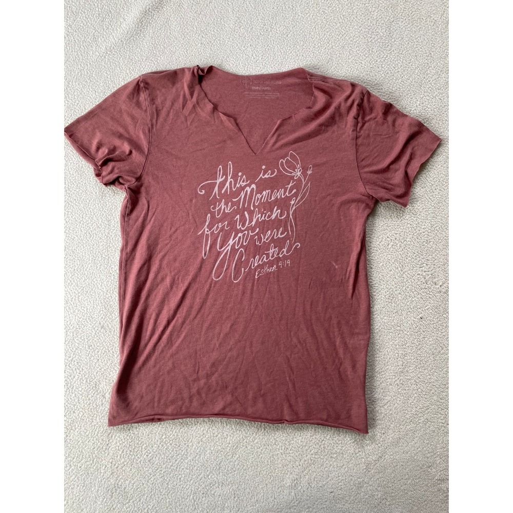 Not Of This World Women Medium T-Shirt Mauve Esther 4:14 Graphic Raw Edge V-Neck